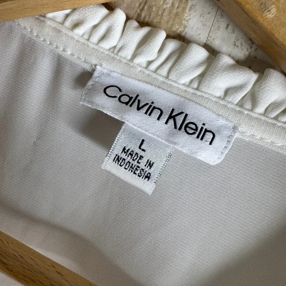 Calvin Klein Womens White Long Sleeve Ruffle Neck Tie Blouse Top Plus‎ Size L